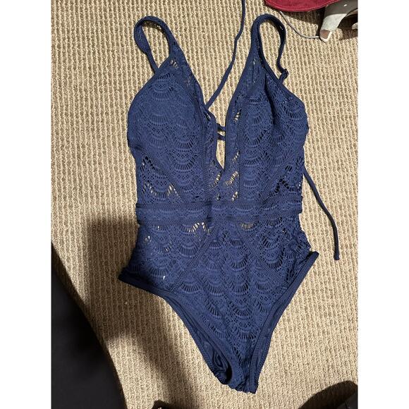 Becca Color Play Sheer Crochet Plunge One Piece Swimsuit Navy Blue M - Picture 2 of 3